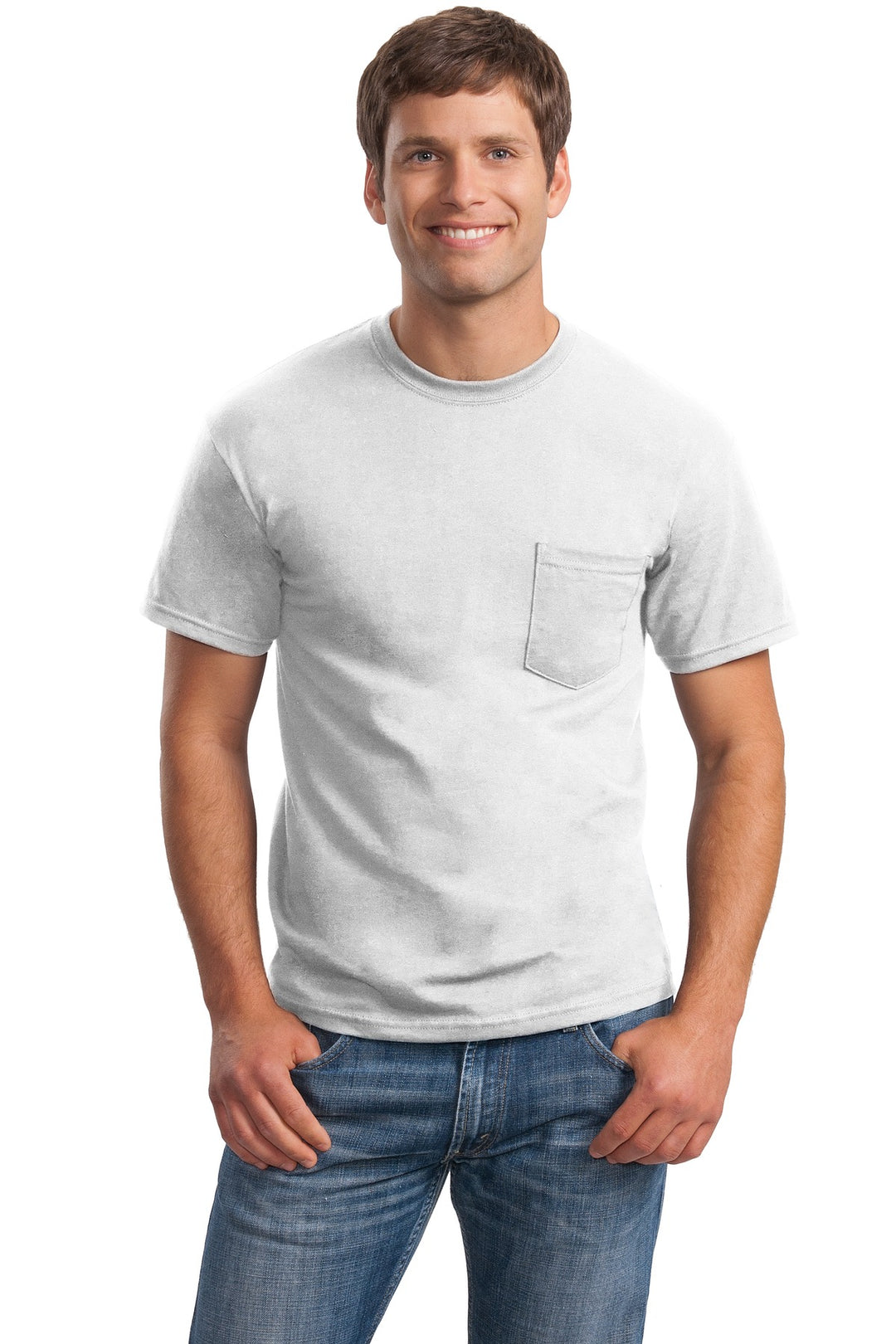 Front View of White Gildan - Ultra Cotton 100% US Cotton T-Shirt with Pocket. 2300