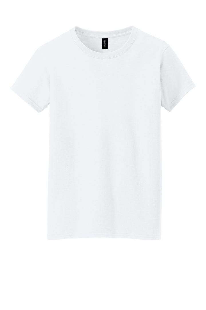 Front View of White Gildan Women's Heavy Cotton 100% Cotton T-Shirt. 5000L