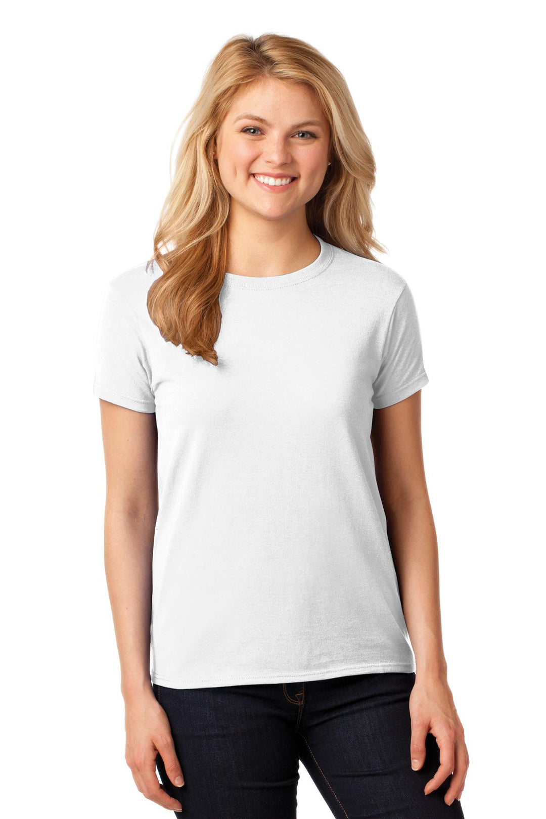 Front View of White Gildan Women's Heavy Cotton 100% Cotton T-Shirt. 5000L