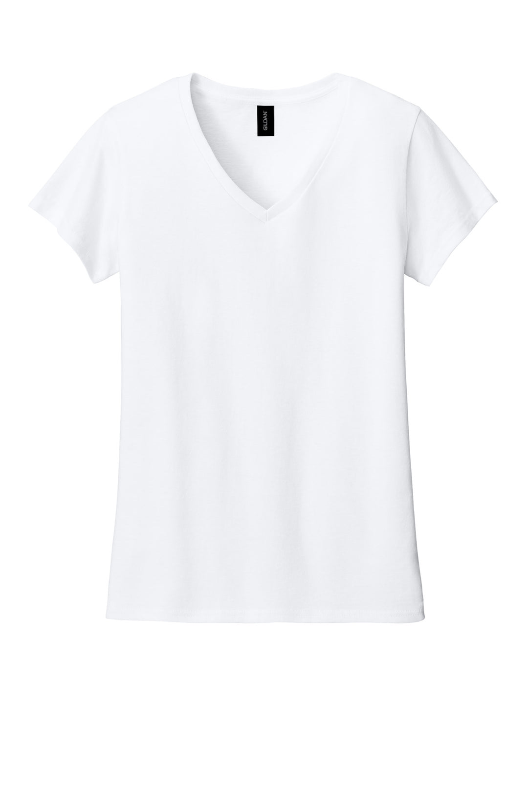 Front View of White Gildan Women's Heavy Cotton 100% Cotton V-Neck T-Shirt. 5V00L