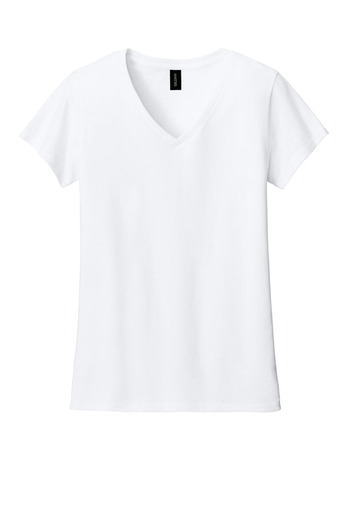 Front View of White Gildan Women's Heavy Cotton 100% Cotton V-Neck T-Shirt. 5V00L