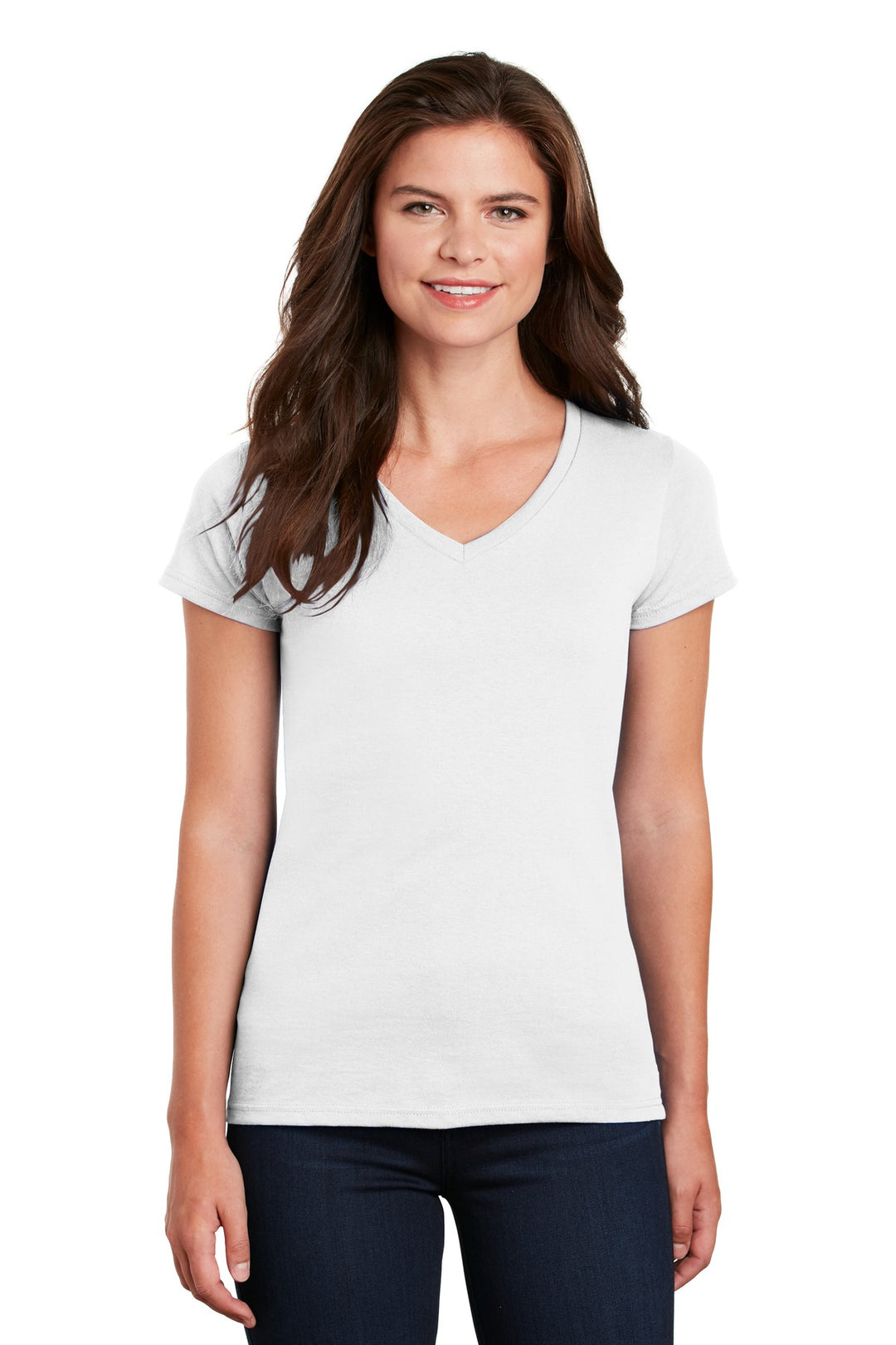 Front View of White Gildan Women's Heavy Cotton 100% Cotton V-Neck T-Shirt. 5V00L