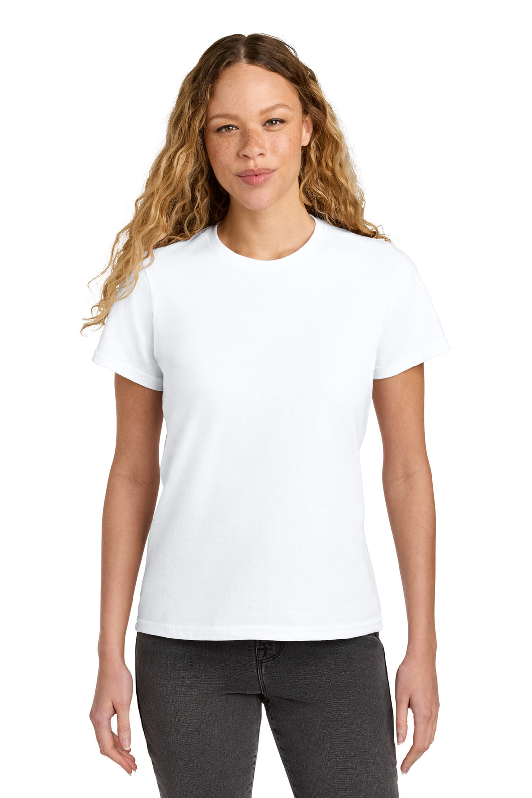 Front View of White Gildan Women's Softstyle Midweight Tee 65000L