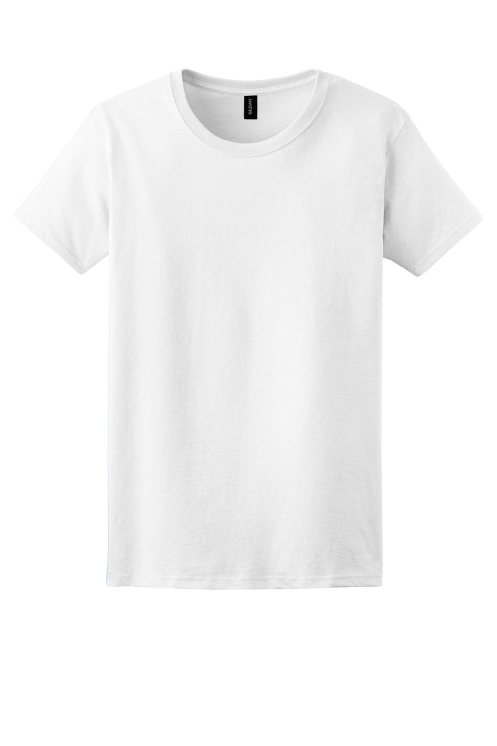 Front View of White Gildan Women's Ultra Cotton 100% US Cotton T-Shirt. 2000L