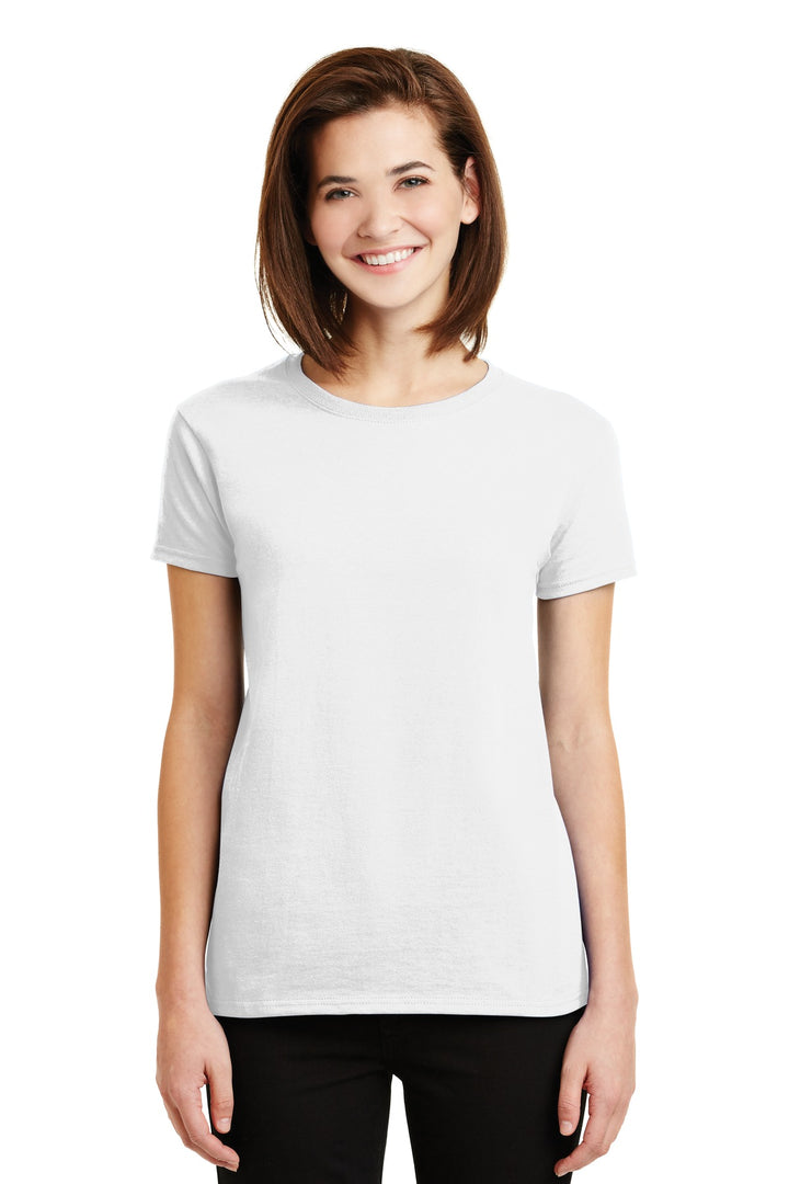 Front View of White Gildan Women's Ultra Cotton 100% US Cotton T-Shirt. 2000L