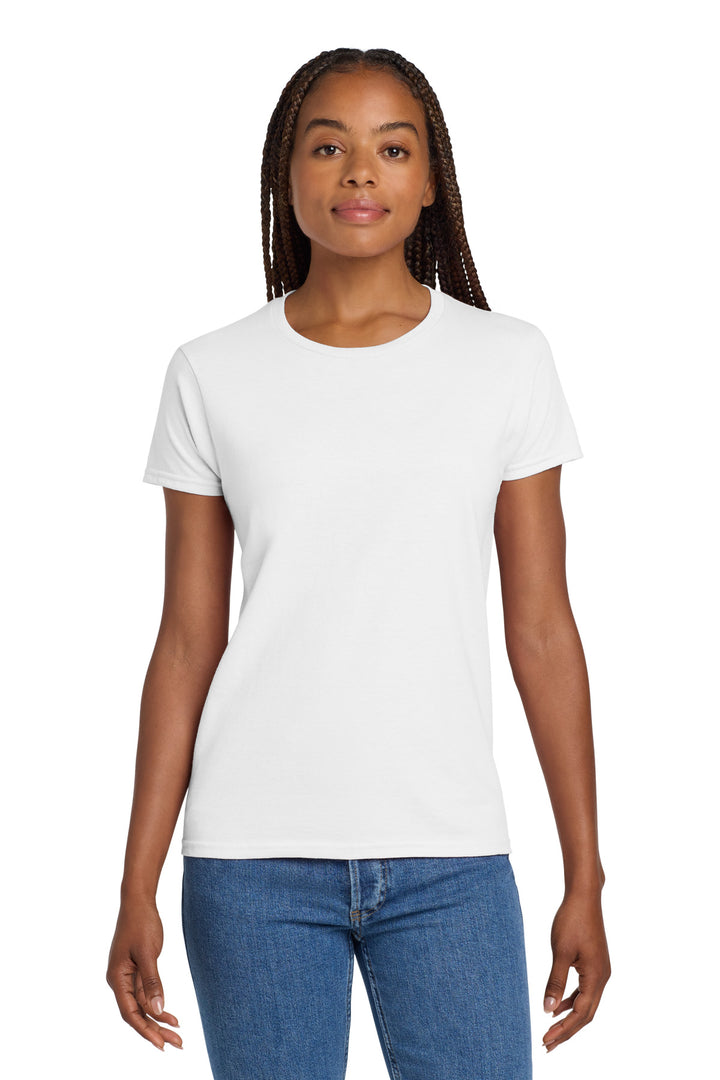 Front View of White Gildan Women's Ultra Cotton 100% US Cotton T-Shirt. 2000L