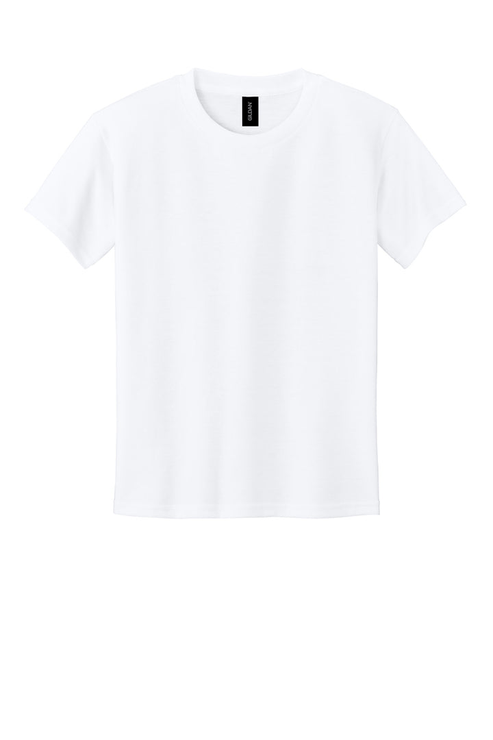 Front View of White Gildan Youth DryBlend 50 Cotton/50 Poly T-Shirt. 8000B