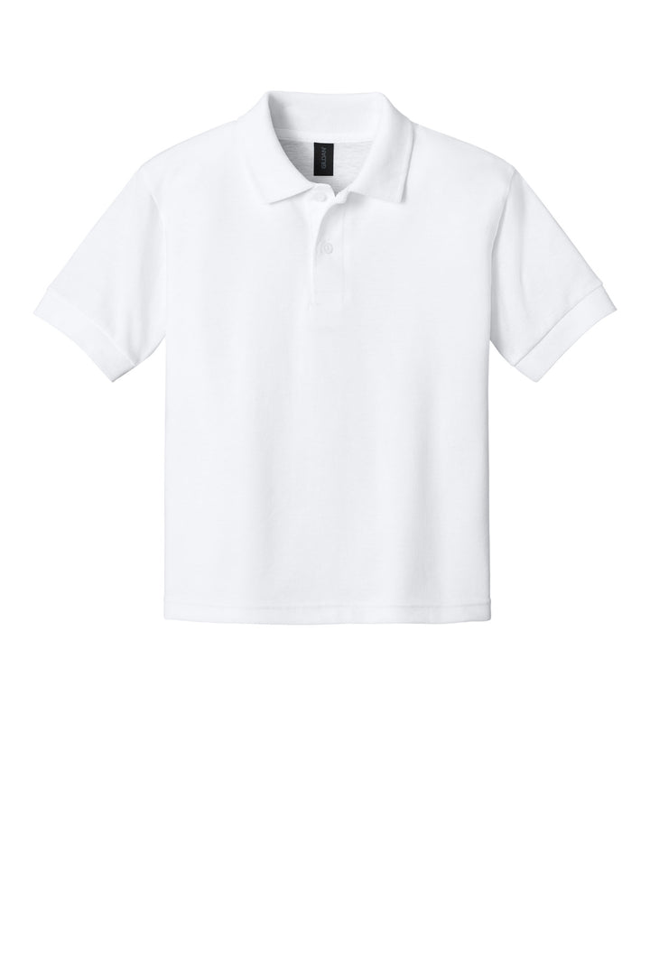 Front View of White Gildan Youth DryBlend 6-Ounce Jersey Knit Sport Shirt. 8800B