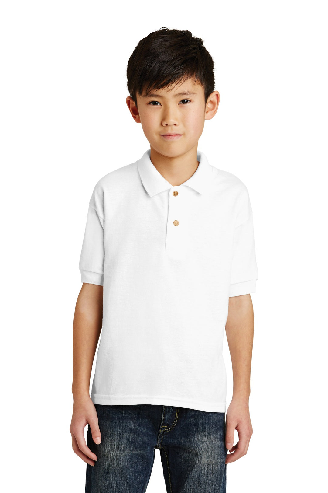 Front View of White Gildan Youth DryBlend 6-Ounce Jersey Knit Sport Shirt. 8800B