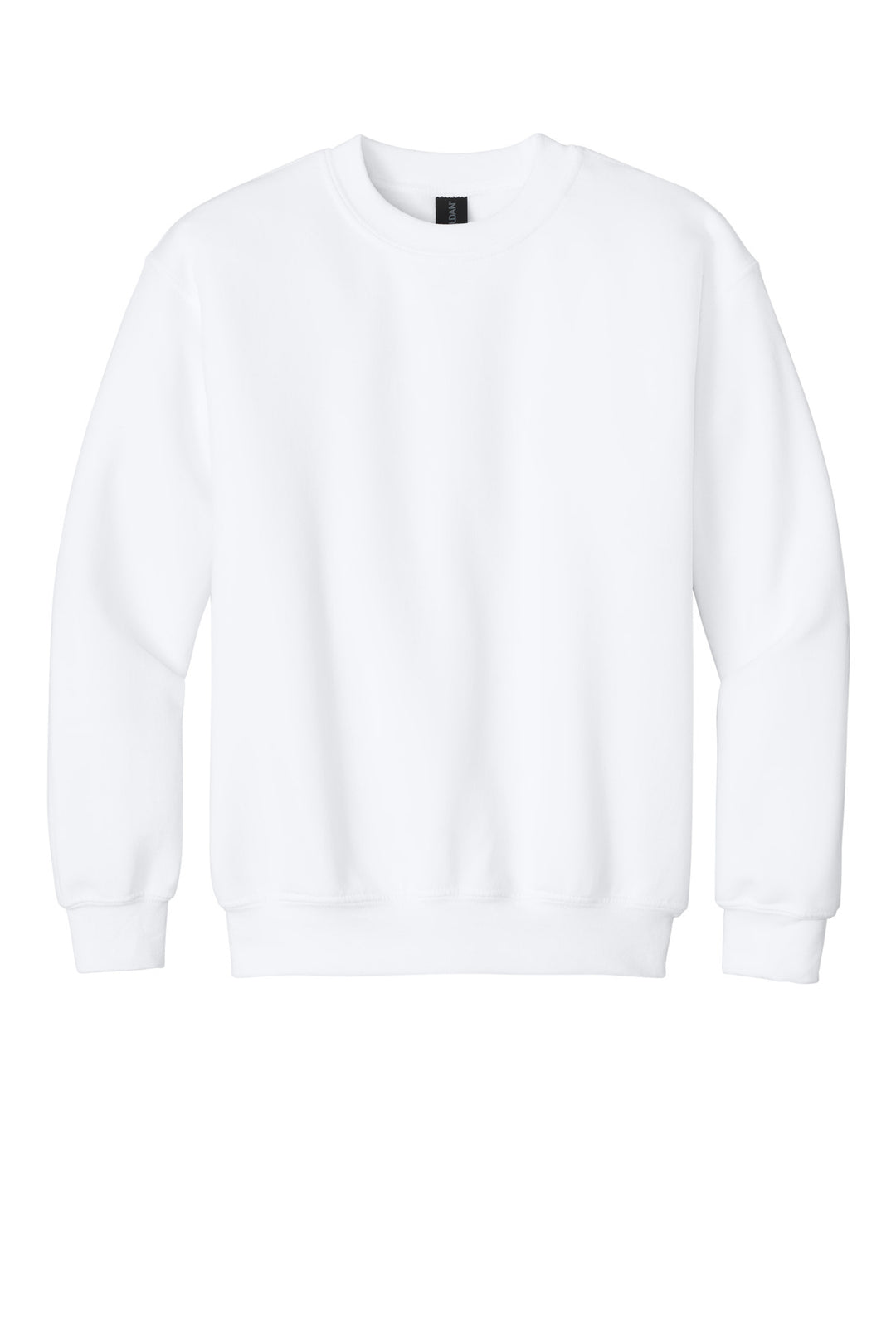 Front View of White Gildan Youth Heavy Blend Crewneck Sweatshirt. 18000B