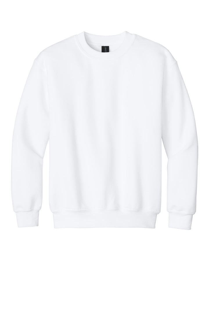 Front View of White Gildan Youth Heavy Blend Crewneck Sweatshirt. 18000B