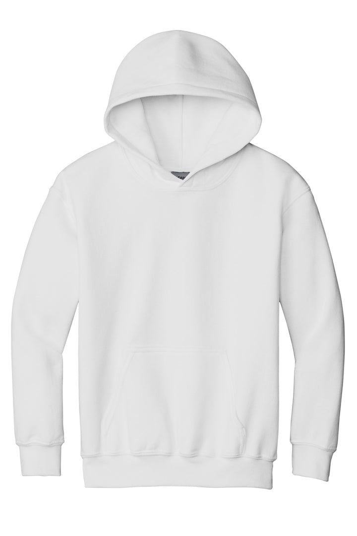 Front View of WHITE Gildan - Youth Heavy Blend Hooded Sweatshirt. 18500B