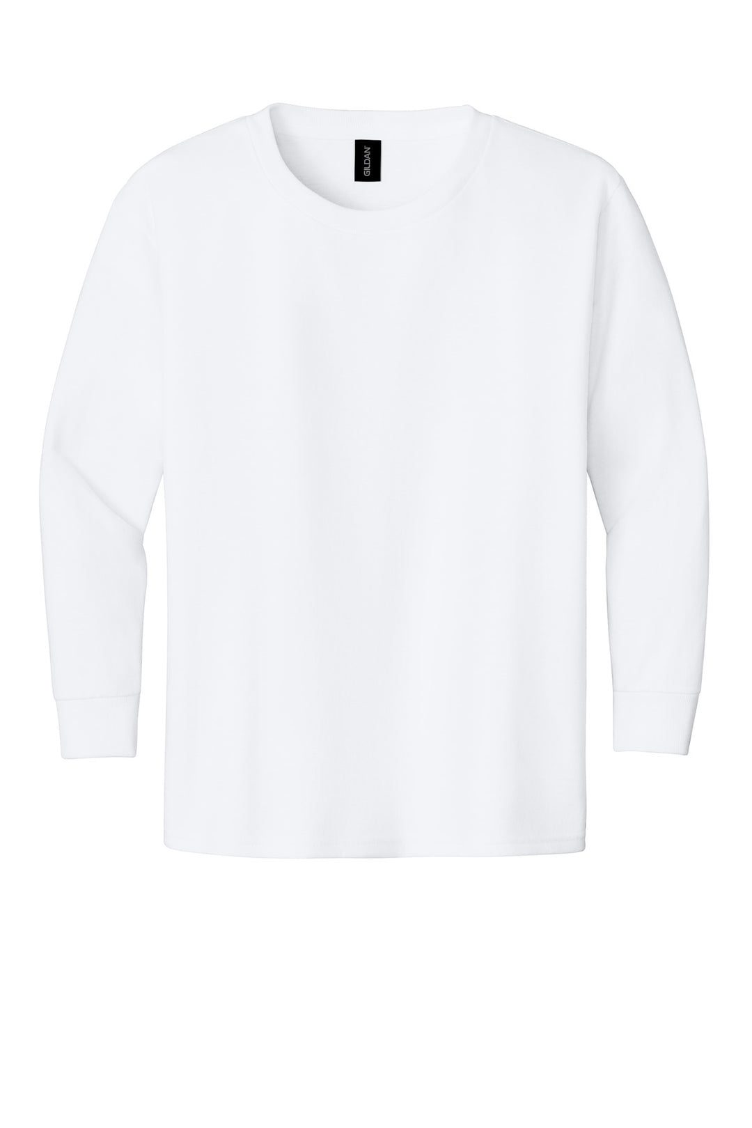 Front View of White Gildan Youth Heavy Cotton 100% Cotton Long Sleeve T-Shirt. 5400B