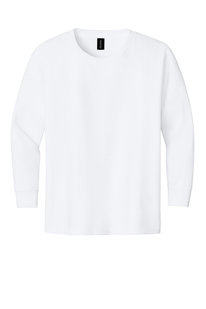 Front View of White Gildan Youth Heavy Cotton 100% Cotton Long Sleeve T-Shirt. 5400B