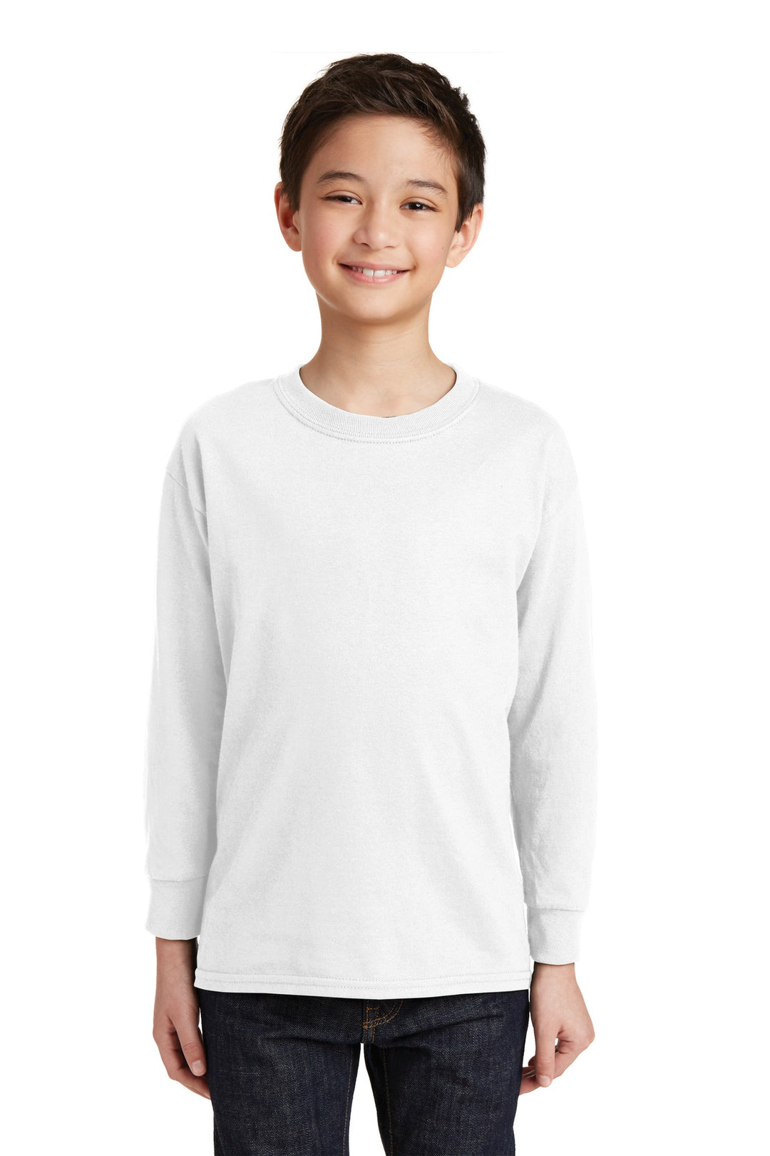 Front View of White Gildan Youth Heavy Cotton 100% Cotton Long Sleeve T-Shirt. 5400B