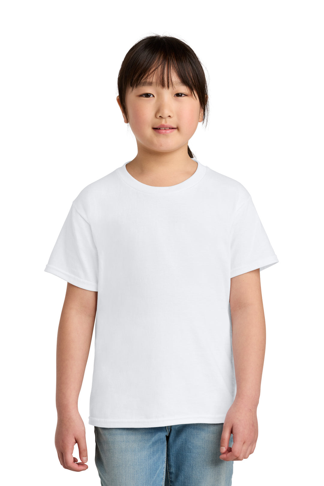 Front View of White Gildan Youth Softstyle Midweight Tee 65000B