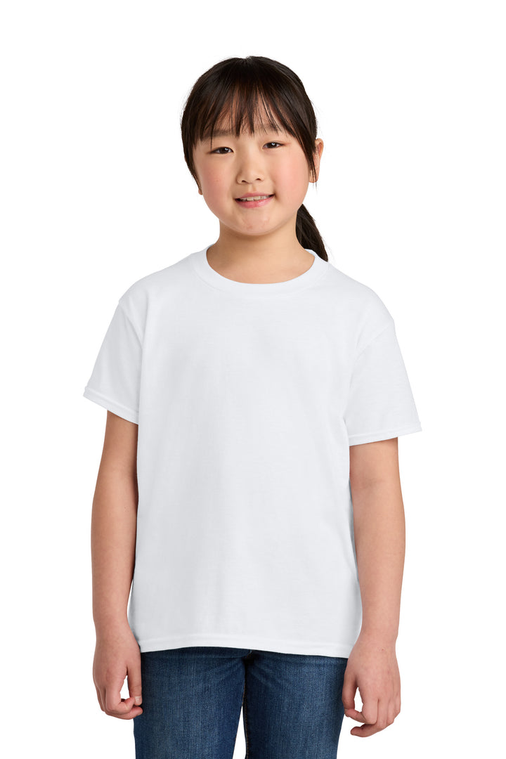 Front View of White Gildan Youth Softstyle T-Shirt 64000B