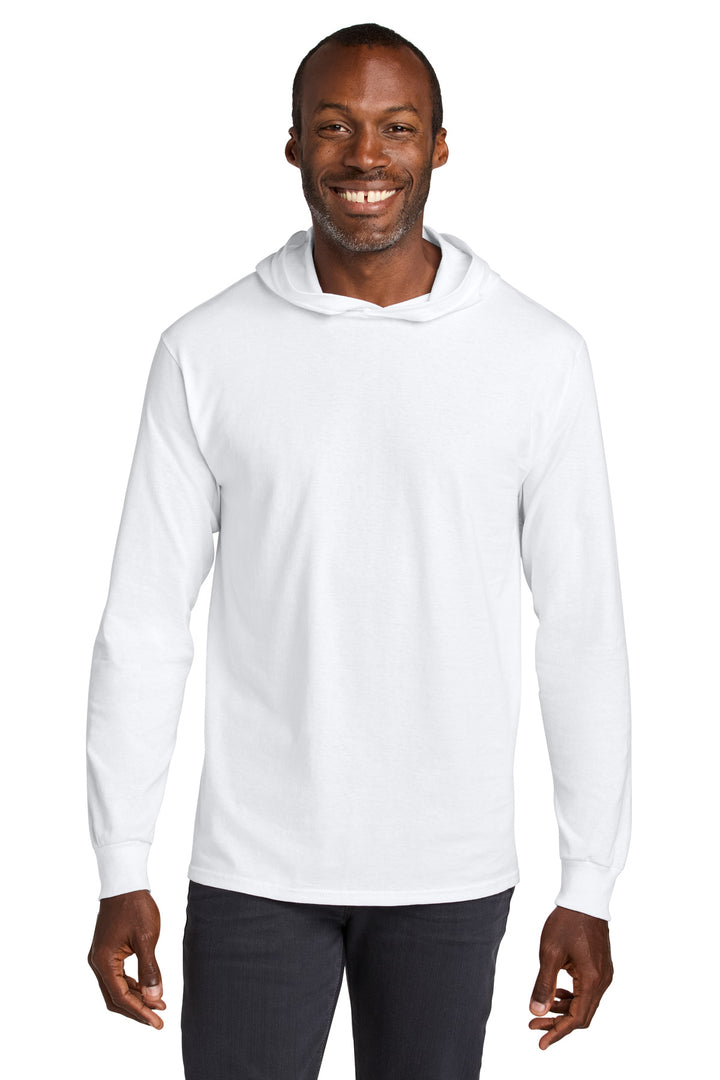 Front View of White Jerzees Classics Unisex Cotton Long Sleeve Hooded T-Shirt 363LH