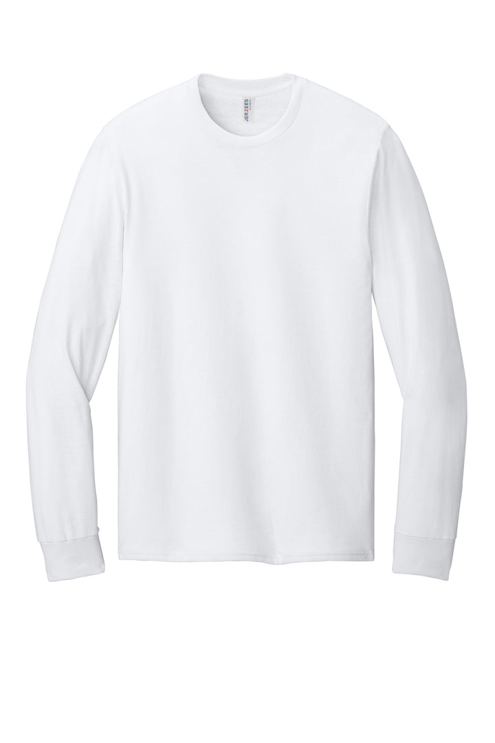 Front View of White Jerzees Classics Unisex Cotton Long Sleeve T-Shirt 363L