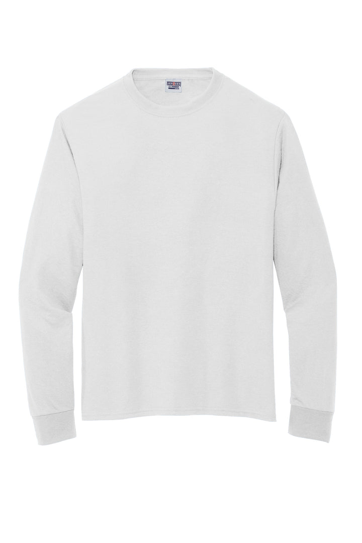 Front View of White Jerzees Dri-Power 100% Polyester Long Sleeve T-Shirt 21LS