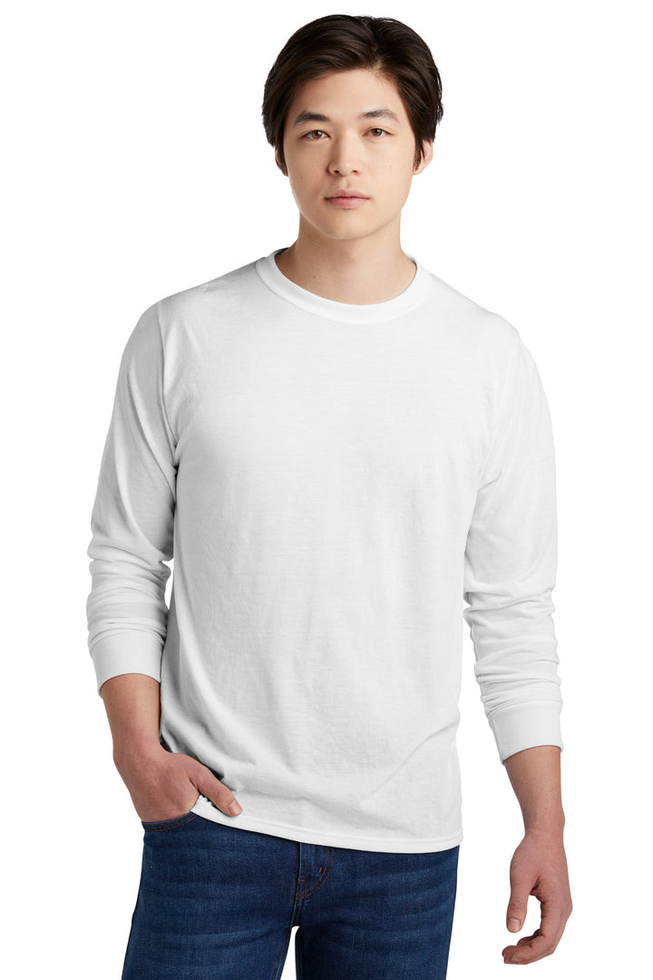 Front View of White Jerzees Dri-Power 100% Polyester Long Sleeve T-Shirt 21LS