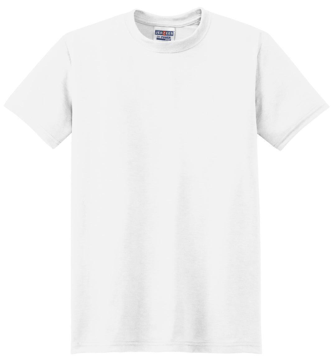 Front View of White Jerzees Dri-Power 100% Polyester T-Shirt. 21M