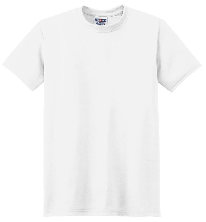 Front View of White Jerzees Dri-Power 100% Polyester T-Shirt. 21M