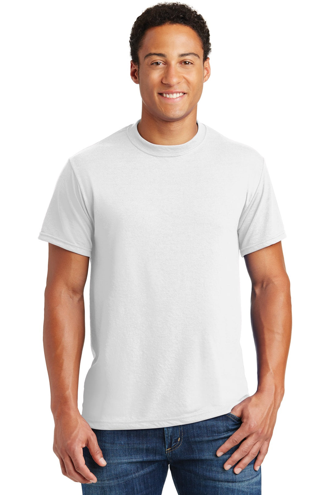 Front View of White Jerzees Dri-Power 100% Polyester T-Shirt. 21M