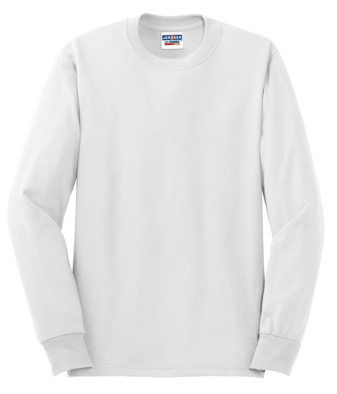 Front View of White Jerzees - Dri-Power 50/50 Cotton/Poly Long Sleeve T-Shirt. 29LS