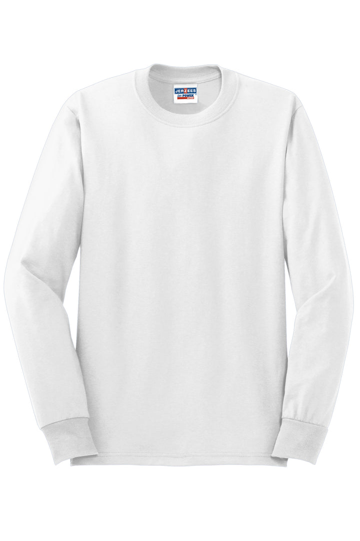 Front View of White Jerzees - Dri-Power 50/50 Cotton/Poly Long Sleeve T-Shirt. 29LS