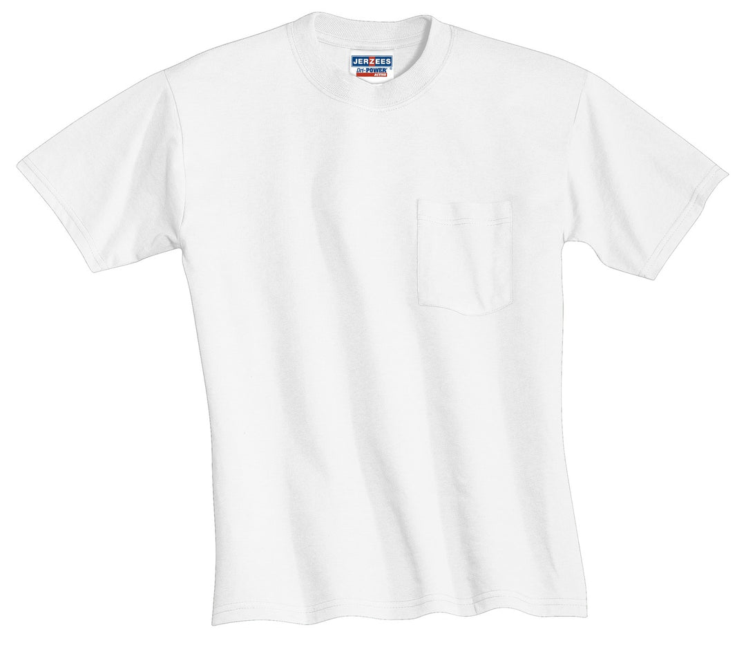 Front View of White Jerzees - Dri-Power 50/50 Cotton/Poly Pocket T-Shirt. 29MP