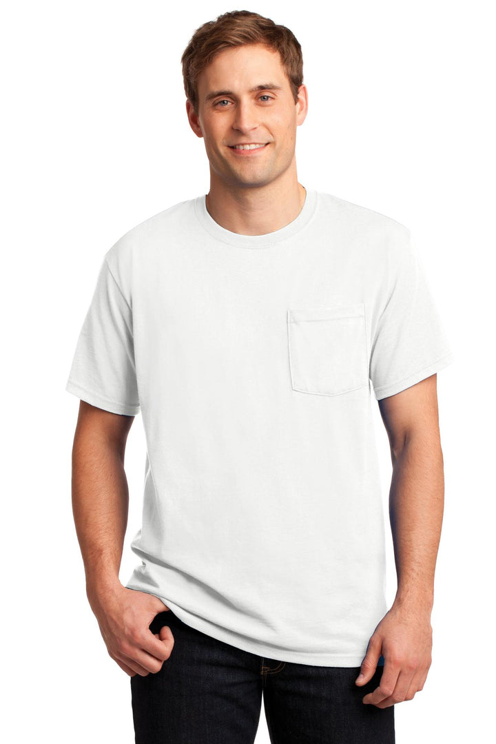 Front View of White Jerzees - Dri-Power 50/50 Cotton/Poly Pocket T-Shirt. 29MP