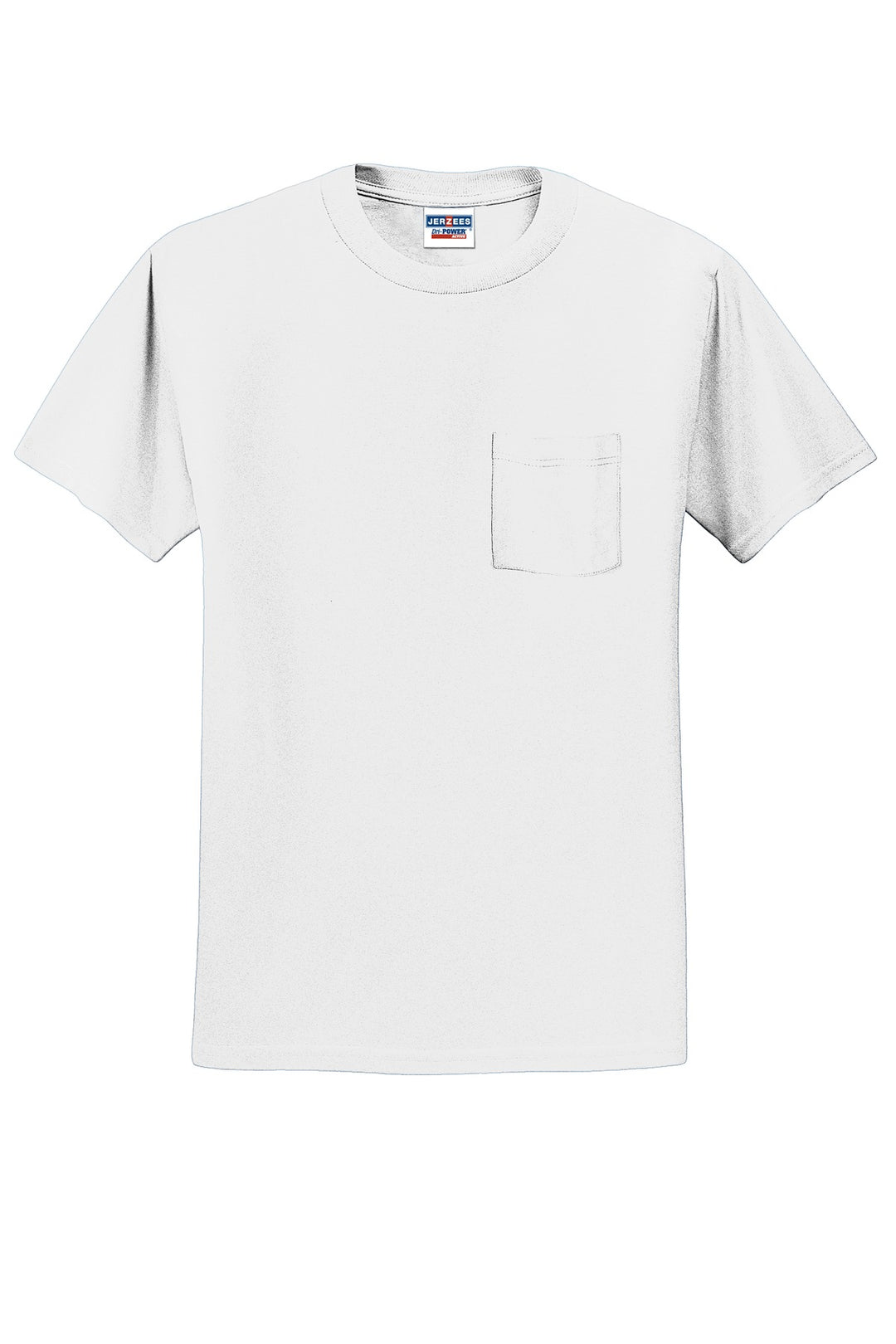 Front View of White Jerzees - Dri-Power 50/50 Cotton/Poly Pocket T-Shirt. 29MP