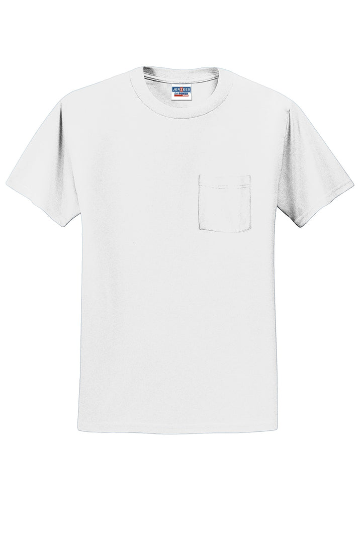 Front View of White Jerzees - Dri-Power 50/50 Cotton/Poly Pocket T-Shirt. 29MP