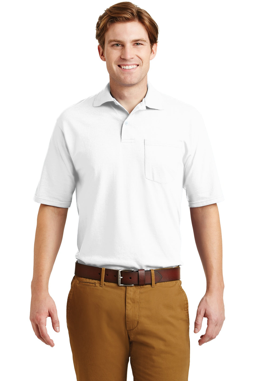Front View of White Jerzees Dri-Power Pocket Sport Shirt. 436MP