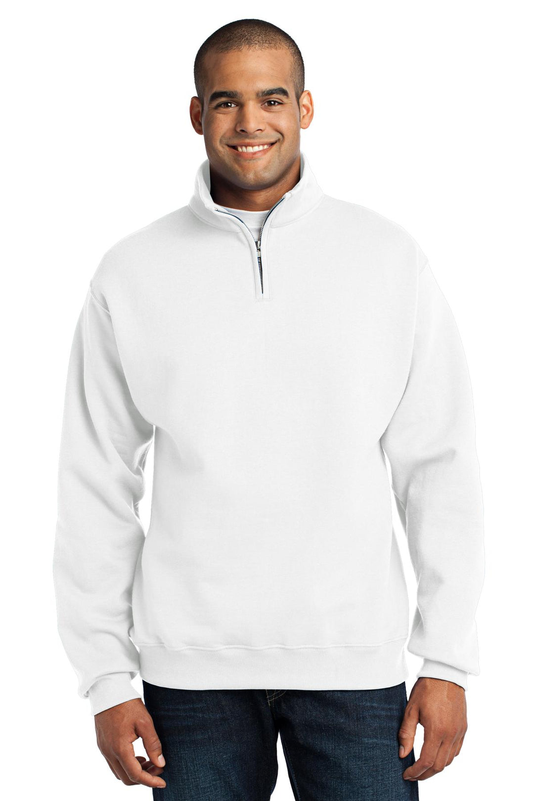 Front View of White Jerzees - NuBlend 1/4-Zip Cadet Collar Sweatshirt. 995M