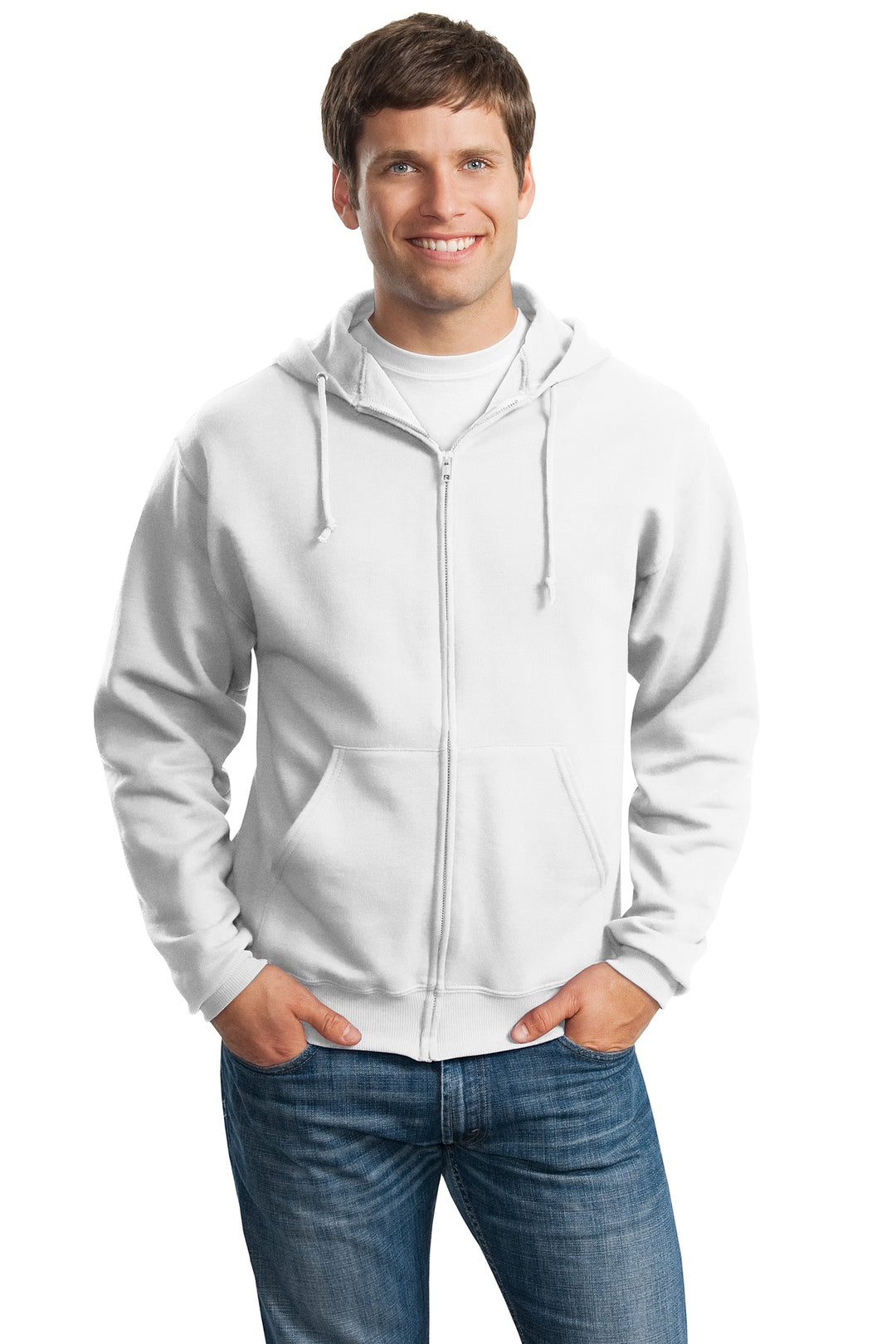 Front View of White Jerzees - NuBlend Full-Zip Hooded Sweatshirt. 993M