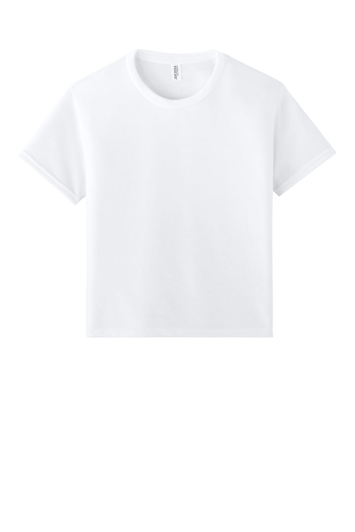Front View of White Jerzees Youth Dri-Power 100% Polyester Tee 21B