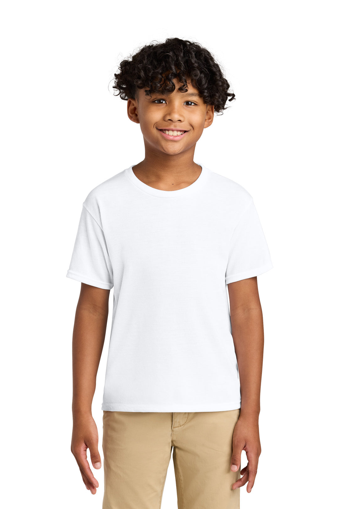 Front View of White Jerzees Youth Dri-Power 100% Polyester Tee 21B
