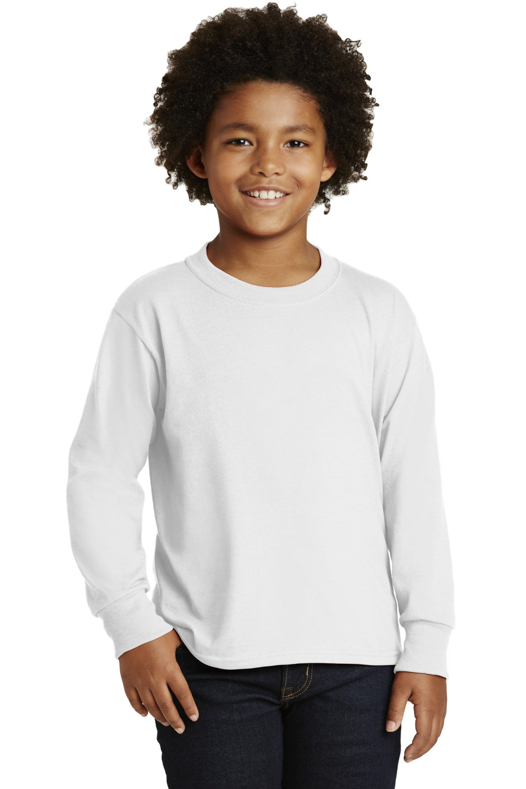 Front View of White Jerzees Youth Dri-Power 50/50 Cotton/Poly Long Sleeve 29BL