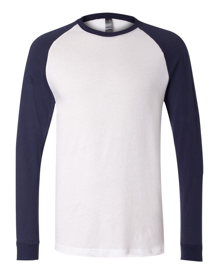 Front View of White/ Navy Long Sleeve Jersey Baseball Tee - 3000