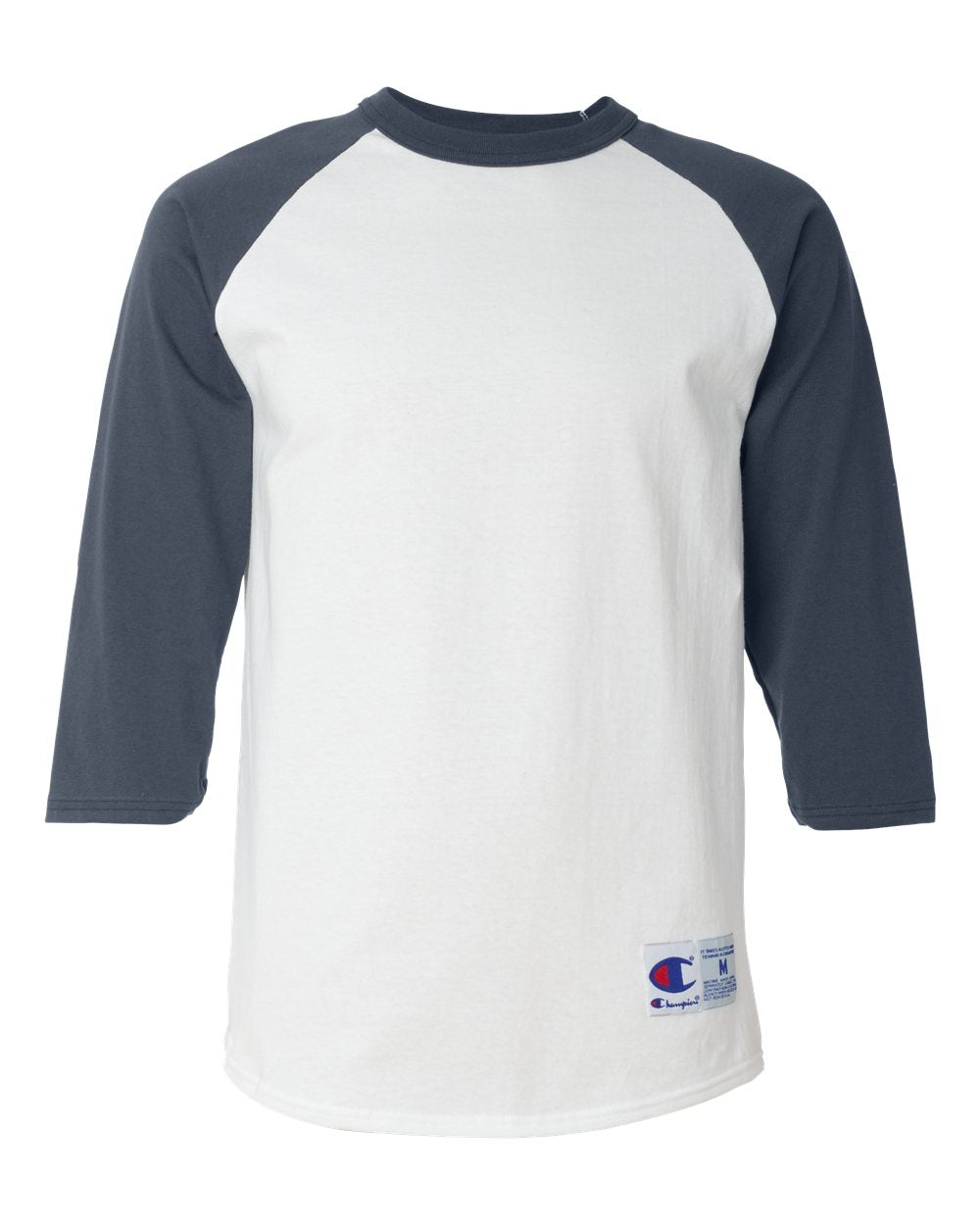 Front View of White/ Navy Raglan Sleeve Baseball T-Shirt - T137