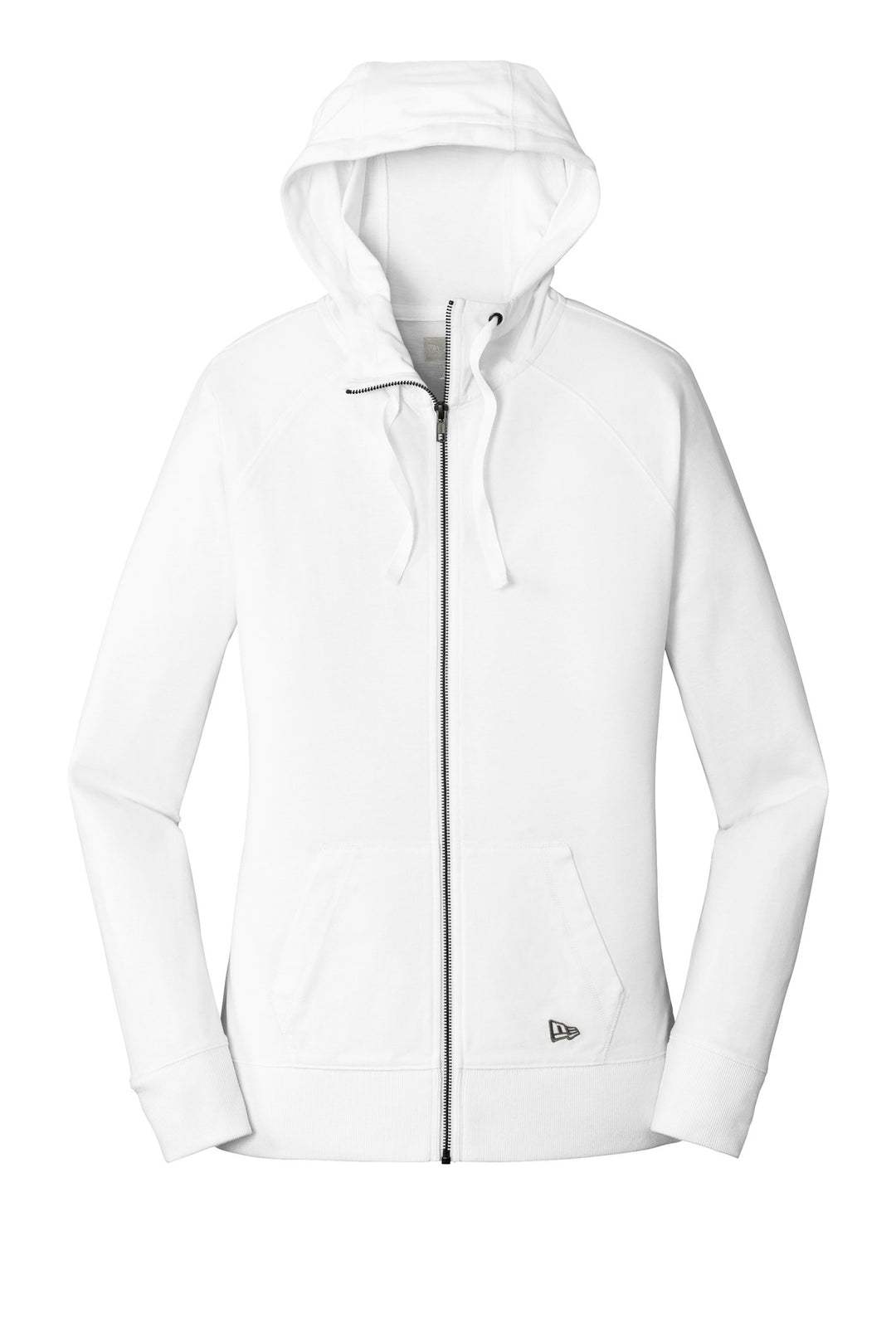 Front View of White New Era Women's Sueded Cotton Blend Full-Zip Hoodie. LNEA122
