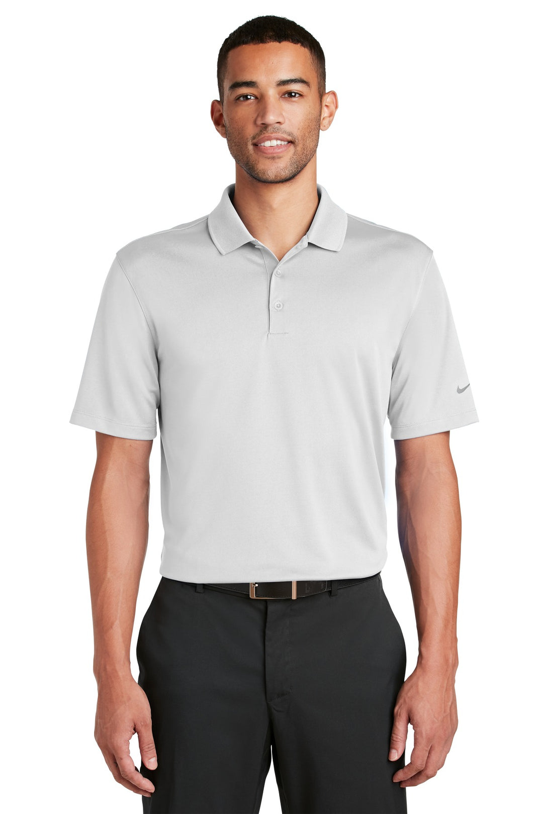 Front View of White Nike Dri-FIT Classic Fit Players Polo with Flat Knit Collar. 838956