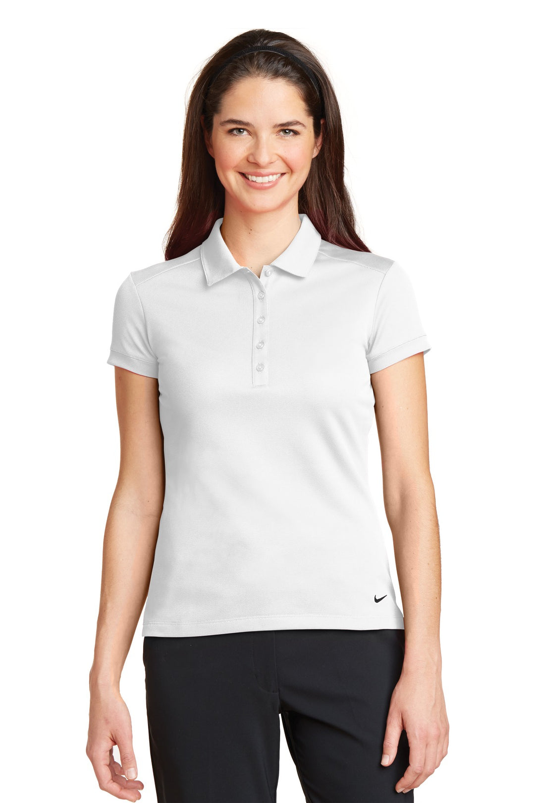 Front View of White Nike Women's Dri-FIT Solid Icon Pique Modern Fit Polo. 746100