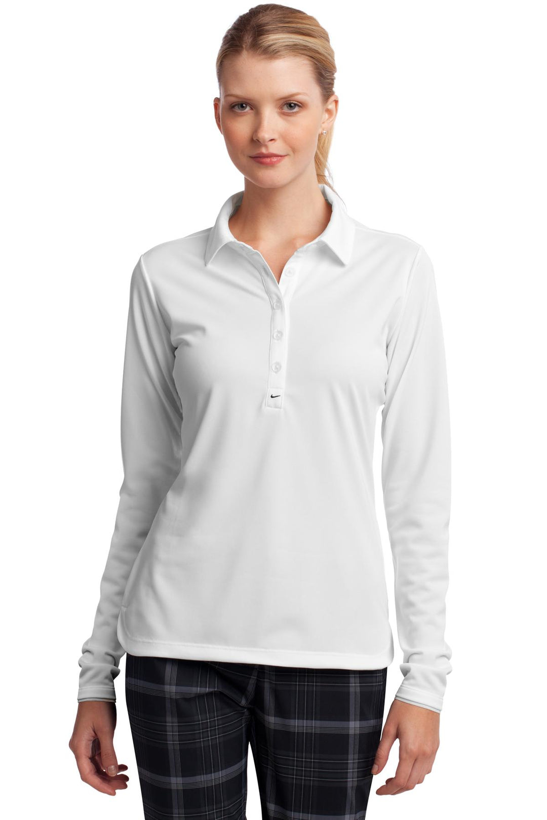 Front View of White Nike Women's Long Sleeve Dri-FIT Stretch Tech Polo. 545322