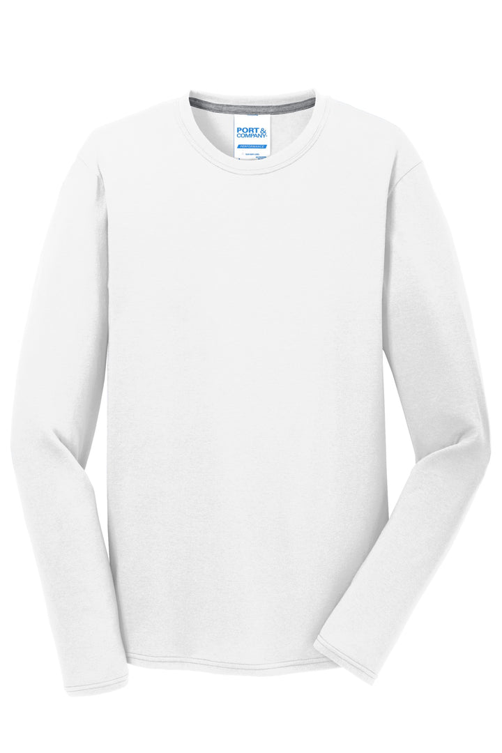 Front View of White Port & Company Long Sleeve Performance Blend Tee. PC381LS