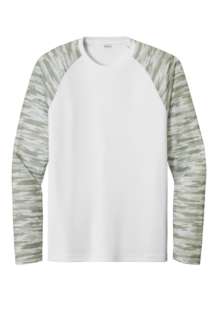 Front View of White Sport-Tek Drift Camo Colorblock Long Sleeve Tee ST376LS