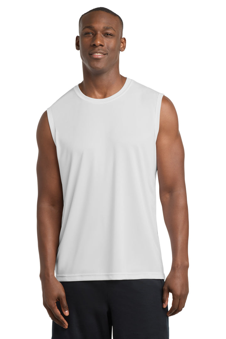 Front View of White Sport-Tek Sleeveless PosiCharge Competitor Tee. ST352