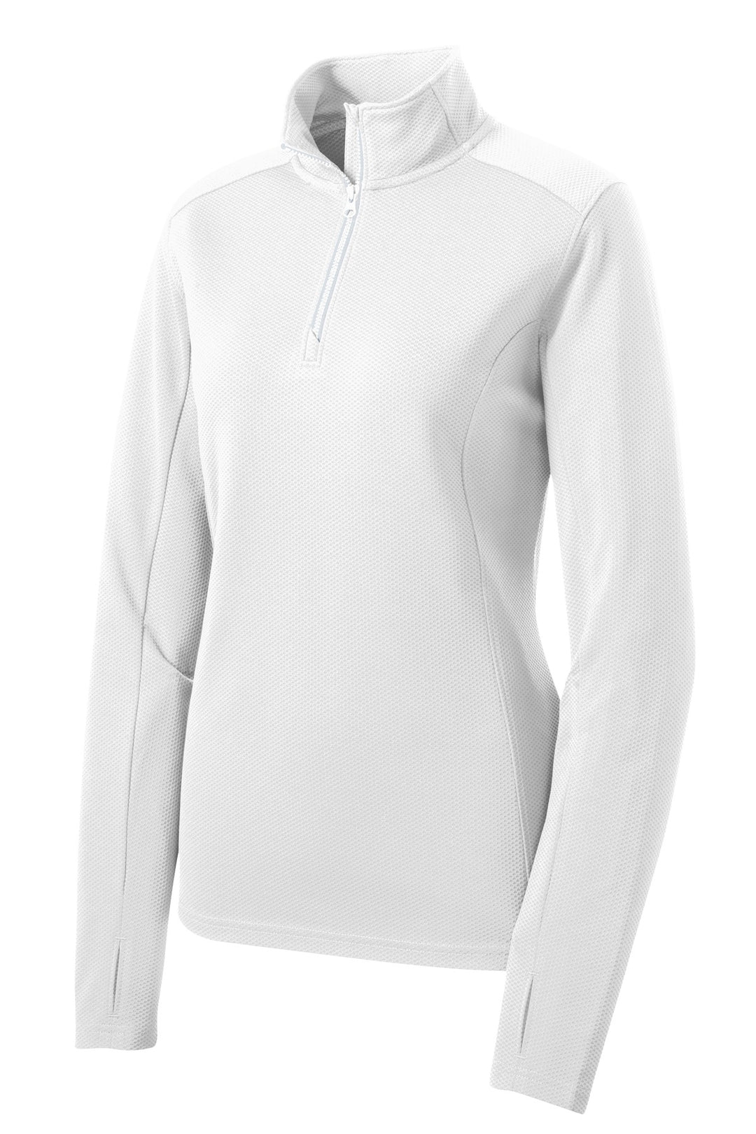 Front View of White Sport-Tek Women's Sport-Wick Textured 1/4-Zip Pullover. LST860